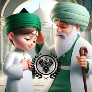 A Sufi shaykh with his hand on his student face with love