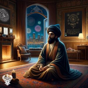 A-sufi-man-contemplating-in-his-room-with-fireworks-happening-outside-scene-from-the-window-