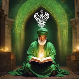 Sufi man reading Quran with shining light