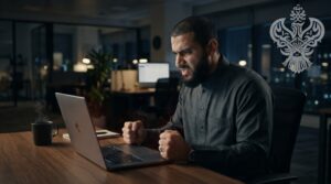 A frustrated man sits at a workplace desk with clenched fists beside his laptop, staring intensely at an email on the screen