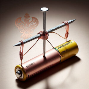 Battery connected to a metal rod with electrical coil