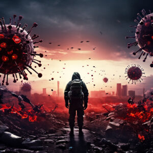 A man walking in war zone of Biological war