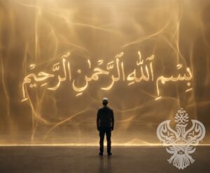 A man pauses before a luminous golden veil spanning the entire frame, with arabic calligraphy of Bismillahir Rahmanir Raheem glowing within it.