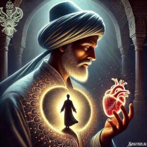 Man holding glowing heart and knowledges are being downloaded