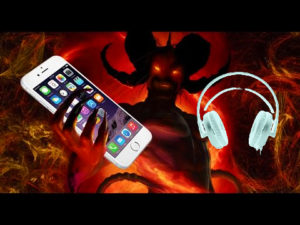 Demon holding phone and headphones-negative energies-satan-frequency-shaitans plans