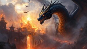 Dragon flying over a city of fire