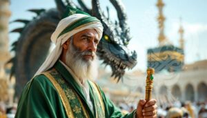 Dragon behind a shaykh holding a cane