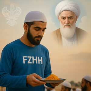FZHH man with plate of food watched by shaykh