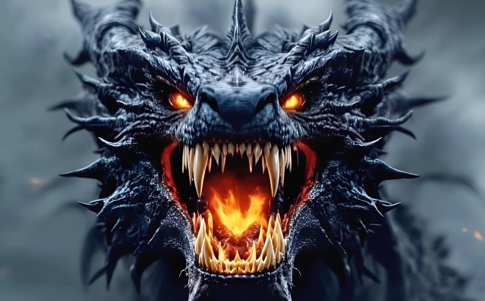 Face of a fierce dragon with fiery eyes