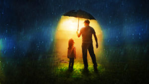 Farther and daughter under umbrella, rain, hope, children, family, charity, protection,