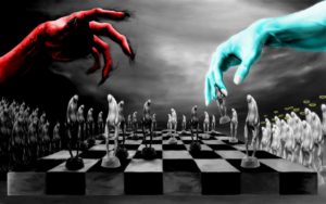 chess game between forces of good and evil, light and dark, positivity and negativity, dajjal, shaitan, satan,