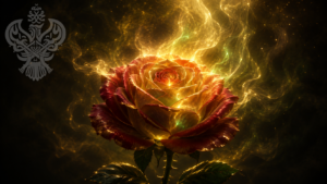 A large, radiant crimson rose with intricate petals and subtle golden-green highlights, surrounded by a luminous golden fragrance-like mist flowing upward through a dark environment