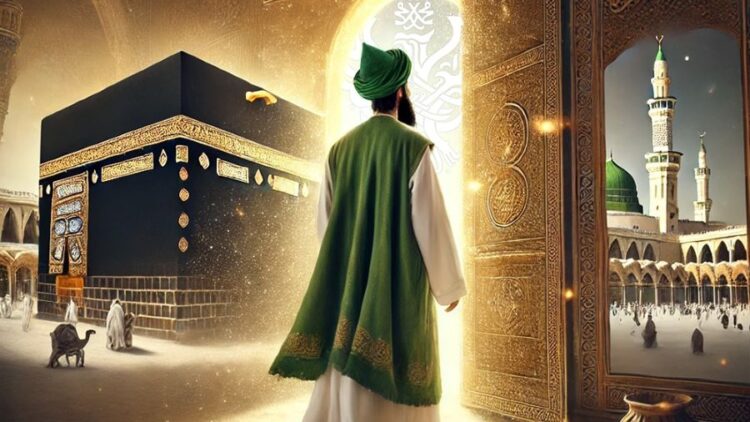 Sufi man walking through gate representing Hijrah from Mecca to Madina