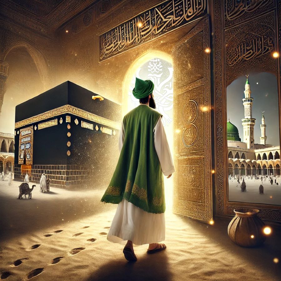 Sufi man walking through gate representing Hijrah from Mecca to Madina