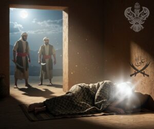 Sayyidina Imam Ali (as) laying on the floor and 2 men waiting to attack