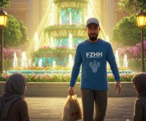 Man being of service being dressed by fountain of light behind him