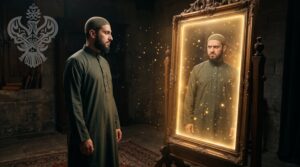 A man looks into an antique mirror, where his reflection reveals an angry and egotistical version of himself illuminated by golden light.