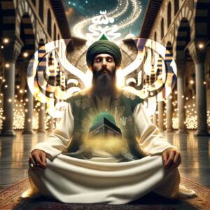 Sufi student meditates with Mecca, Madinah, and Sham Shareef in heart