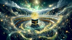 Kabah in Mecca surrounded by people and souls with Sayyidina Muhammad (s) light