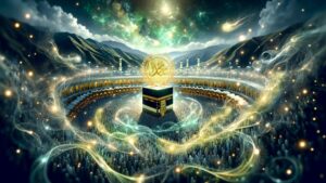 Kabah in Mecca surrounded by people and souls with Sayyidina Muhammad (s) light
