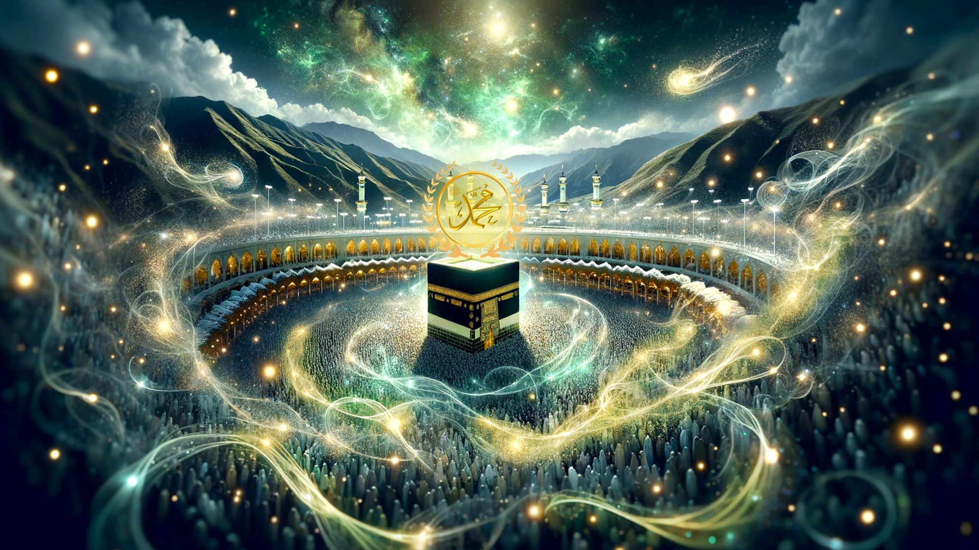 Kabah in Mecca surrounded by people and souls with Sayyidina Muhammad (s) light