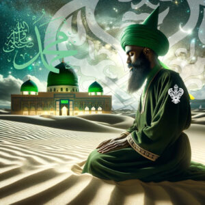 Black Muslim man doing meditation in a desert