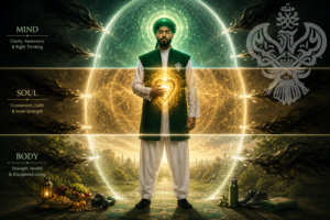 man with three horizontal layers representing the mind, soul, and body, surrounded by luminous protective energy that repels dark unseen forces.