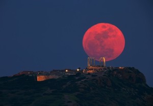 Red Moon above temple-in Greece