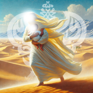 A holy woman wearing white Arabian clothing is holding a baby in her arms while running through desert dunes