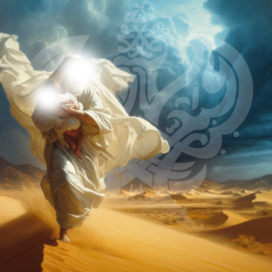 A holy woman wearing white Arabian clothing is holding a baby in her arms while running through desert dunes