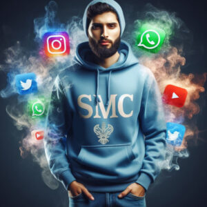 Muslim man wears blue SMC hoodie advertising on social media