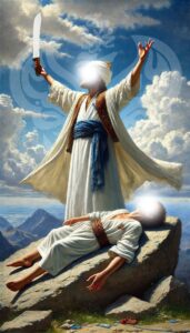 Sayyidina Ibrahim (as) about to sacrifice his son, Sayyidina Ismail (as)