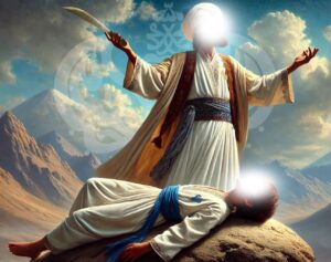 Sayyidina Ibrahim (as) about to sacrifice his son, Sayyidina Ismail (as)