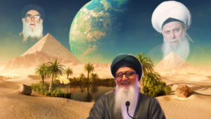 Shaykh Nurjan Mirahmadi,Sheikh Abdullah Al-Faiz Dagestani, Sheikh Nazim al-Haqqani, standing at oasis in desert,