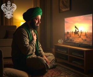 Sufi mureed crying and sitting in front of TV as the events of Karbala are being broadcasted