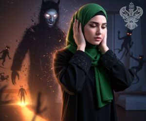 Women with hijab covering ears from shaytan and negativity around her