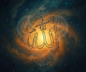 Name of Allah (AJ) on glowing swirl in sky 