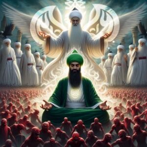 Angelic being behind meditating man