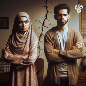 Angry couple standing in front of a cracked wall