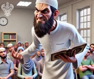 Angry imam in front of group of people