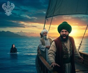 Angry man and shaykh on boat while woman falls overboard