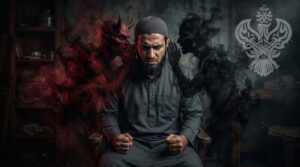 A man sits in anger as a horned red devil whispers in one ear and a dark shadow representing his nafs whispers in the other, surrounded by dark smoky energy.
