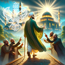 Angry men pointing at a man walking a path towards a mosque