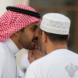 Arab man whispering in man's ear