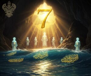 Ashabul Kahf standing in a cave on the water