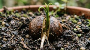 Avocado seed sprouting in soil