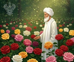 Awiluallah walking through beautiful rose garden