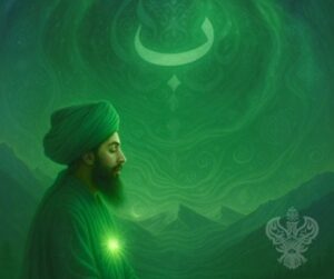 Green sky with ba, man meditating