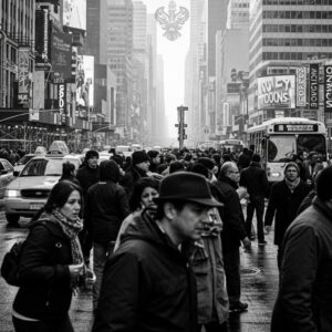 Black and white image of busy city life