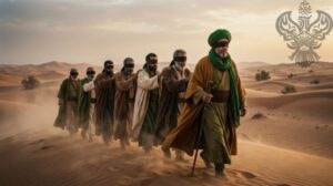 Blindfolded men following blindfolded leader